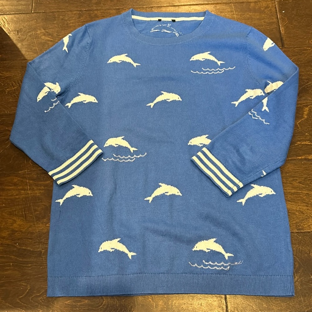 Dolphin blue Talbots sweater measures 18 PTP (small)